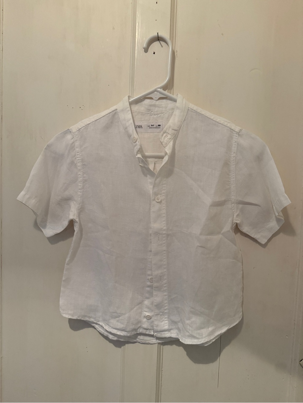Zara Kids White Short-Sleeve Band-Collar Button-Up Shirt | Size 6–7